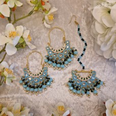 Meenakari Loop Earrings Tikka Set - Light Blue