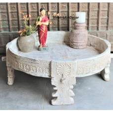 Wooden White Round Beatifull Carved Antique Coffee Table,Chakki Table,Side Table,Indian Table For Home,Grinder Table,Cocktail Table