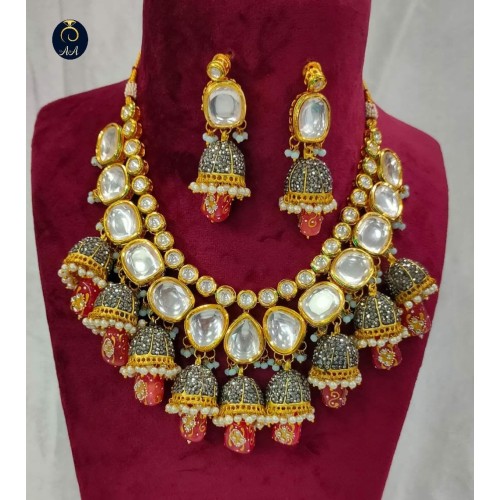 Big Size Hand Painted Onyx, Meenakari- Kundan Necklace, Rajsathani jewelry, Rajwada Haar, Indian jewelry, Sabyasachi wedding necklace