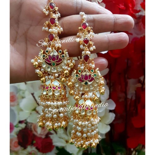 Pachi kundan mint jhumki earrings with ear chain,kundan jhumki, kundan Earrings,golden polish jhumki,Bridal Earrings,Engagement Earrings,