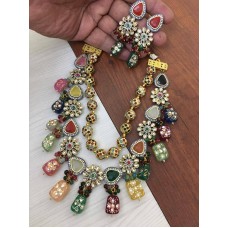 3 layer long Necklace set/Designer necklace set/Multi color set/Victorian Necklace/Long kundan necklace/Navratan set/sabyasachi jewelry/