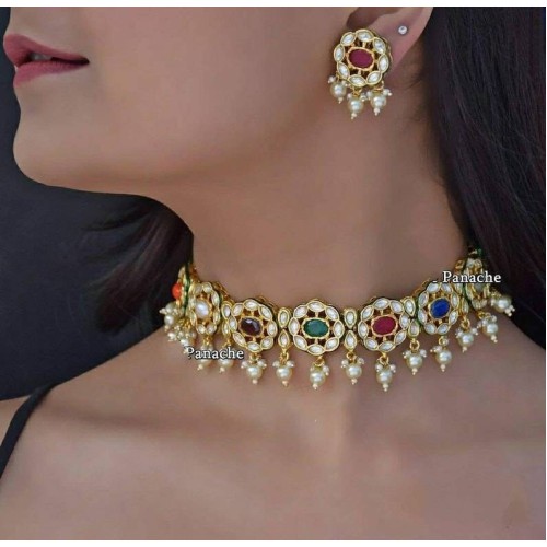 Gold Plated Navrattan Choker Set/ Navrattan Choker Set/Gold Plated Kundan Multicolored Choker Set/Gold Plated Kundan Navrattan Choker Set