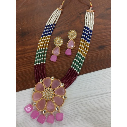 Natural Floriad beads long necklace, kundan pendant necklace set, stone jewelry, natural beads jewelry, beads necklace, Sabyasachi jewelry