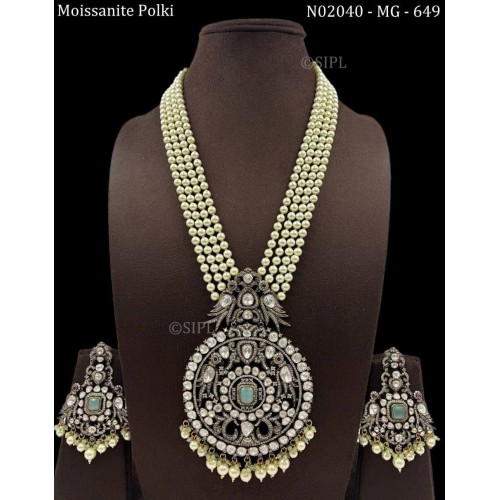Moissanite polki antique polish long Necklace,Rajsathani jewelry,Rajwada Haar,Indian jewelry,long engagement necklace