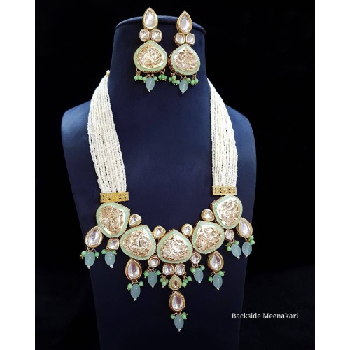 Pearl beaded jali kundan meenakari long necklace set,kundan pendant necklace set,beads necklace,Sabyasachi jewelry,meena kundan jewelry