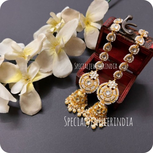 Pachi kundan jhumki earrings with kanchain ,kundan jhumki, kundan Earrings,golden polish jhumki,Bridal Earrings,Engagement Earrings,