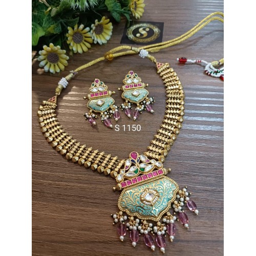Gold plated meenakari necklace,antique polish necklace,Rajwada Haar,indian jewelry,Sabyasachi wedding necklace,wedding set
