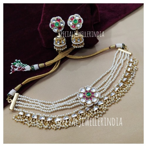 Gold plated Pachi Kundan beaded choker, kundan choker, Indian jewelry, pearl beaded choker