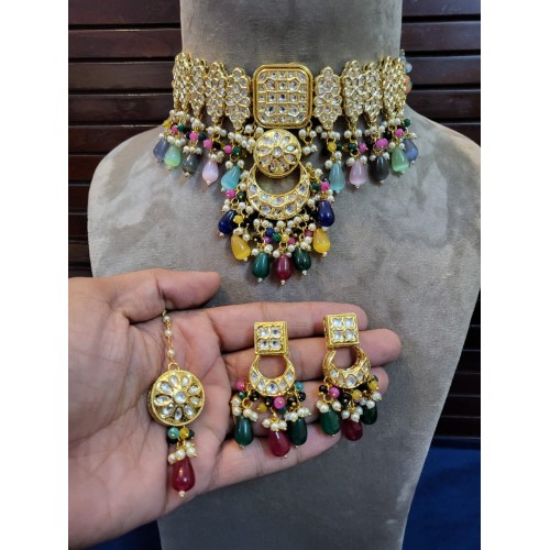 Gold Plated meena kundan choker necklace with beads hangings, indian jewelry, meenakari jewelry, kundan choker set