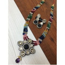 Polki kundan beaded long necklace, kundan pendant necklace set, stone jewelry, natural beads jewelry, beads necklace, Sabyasachi jewelry