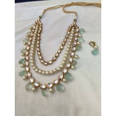 3 Layered Kundan Set with Pastel Pink Mint Pearls/Kundan Necklace Set/Rose quartz/Ranihaar/Pakistani Choker Set/Punjabi Set/Long Kundan Set