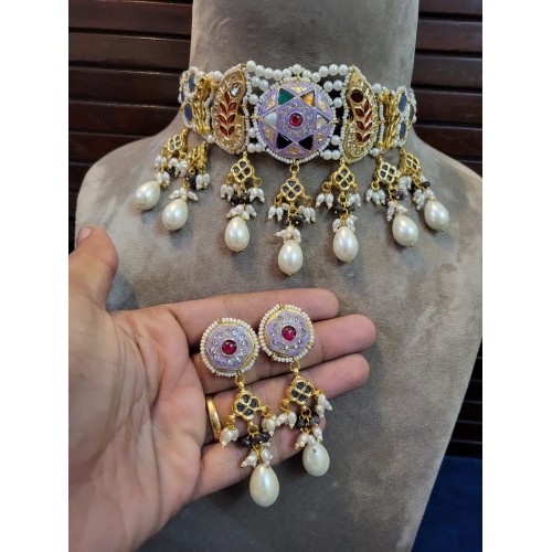 Gold Plated meena kundan choker necklace with beads hangings, indian jewelry, meenakari jewelry, kundan choker set