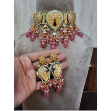 Gold Plated meena kundan choker necklace with beads hangings, indian jewelry, meenakari jewelry, kundan choker set