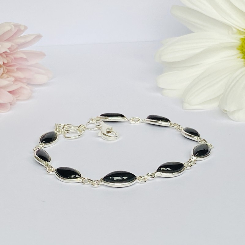 Solid Silver Bracelets with natural Black Onyx Semi-Precious Stones