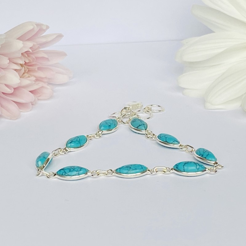 Solid Silver Bracelets with natural Turquoise Semi-Precious Stones