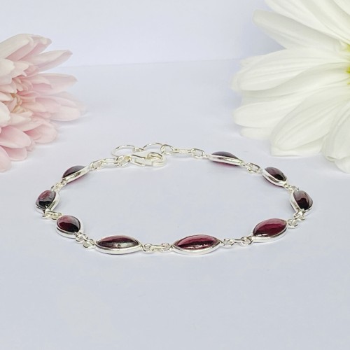 Solid Silver Bracelets with natural Red Garnet Semi-Precious Stones