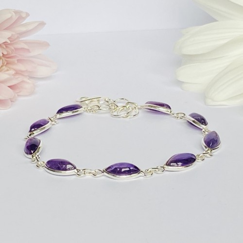 Solid Silver Bracelets with natural Amethyst Semi-Precious Stones