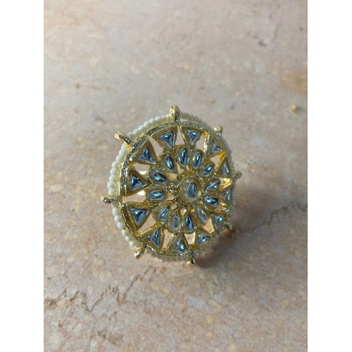 Aayah Traditional Gold Plated Round White Stone Adjustable Ring (ST746)