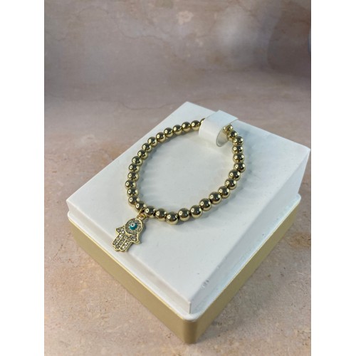 Gold Beaded Hand Of Hamsa Evil Eye Bracelet (ST767) (Light Blue)