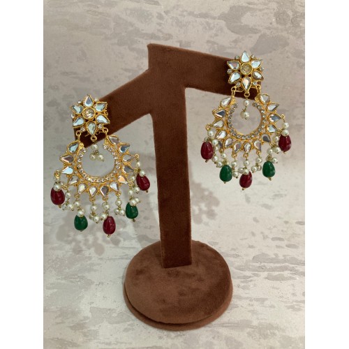 Noori Kundan And Mirror Earrings (ST774) (Emerald And Maroon)