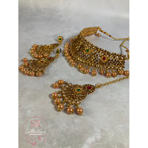 Jiya Gold Plated Maroon And Green Choker Set (ST116)