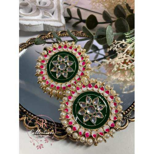 Mahi Oversized Kundan and Pearl Stud Earrings (ST155) Emerald