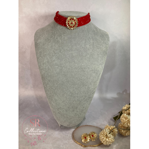 Ameena Kundan Beaded Choker Set (ST162) Red