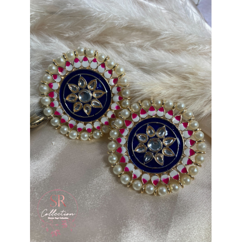 Mahi Oversized Kundan and Pearl Stud Earrings (ST155) Midnight Blue