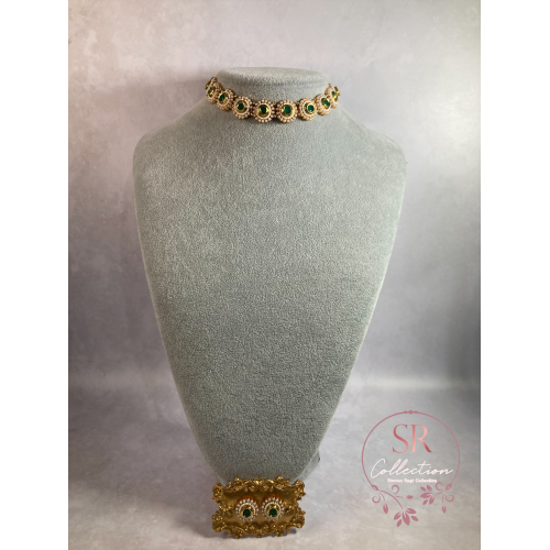 Ira Gold Plated Pearl And Kundan Choker Necklace Set (ST173) Emerald