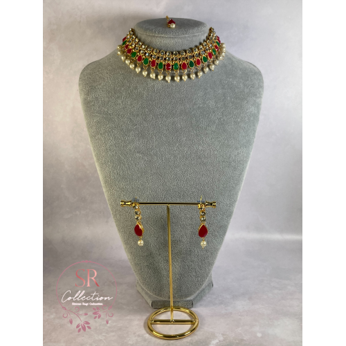 Pooja Gold Plated Kundan Choker Set (ST172) Silver Emerald And Pink