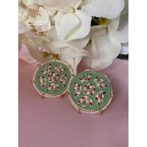 Alara Floral Kundan Stud Earrings (ST154) Mint
