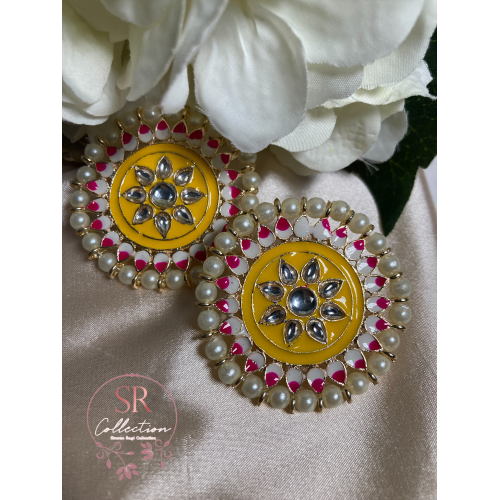 Mahi Oversized Kundan and Pearl Stud Earrings (ST155) Yellow