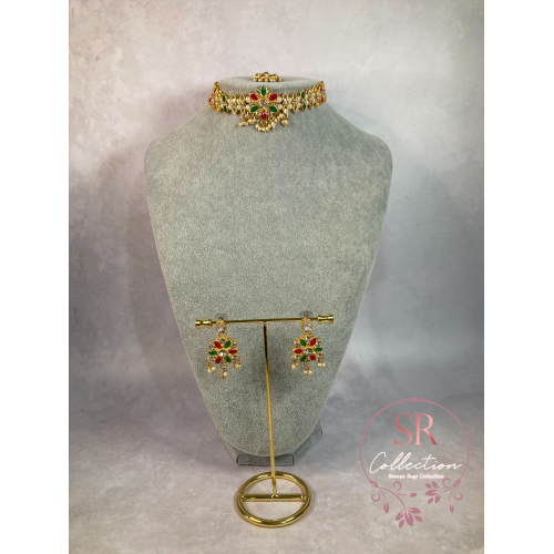 Arohi Gold Plated And Kundan Choker Set (ST170) Silver, Emerald And Pink