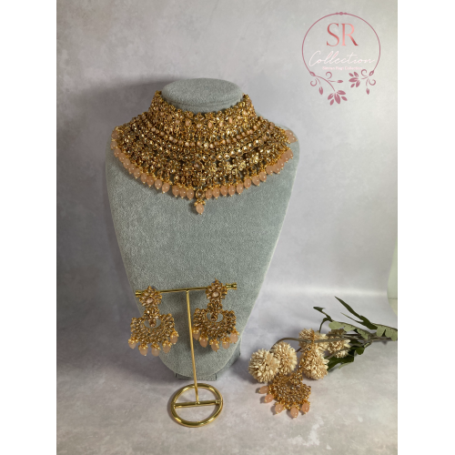 Amber Gold Plated Kundan Beaded Set (ST221) Antique Peach