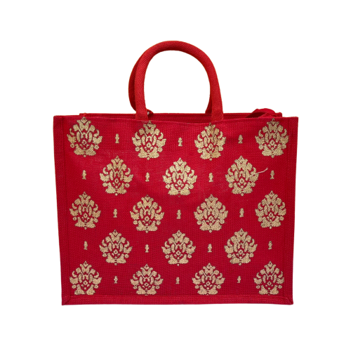 Eco Friendly Red Jute Tote Bag With Golden Print for Women