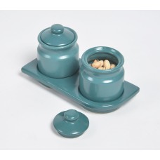 Ceramic Teal Storage Jars with Lids and Tray Set of 2 for Kitchen