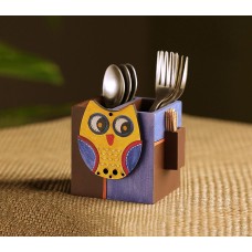 Hand Painted Owl Pine Wooden Cutlery Holder for Kitchen and Dining Table