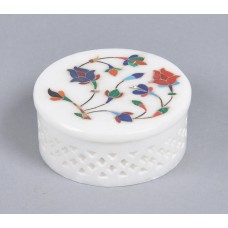 Inlaid Semi-Precious Stone & Lattice Cut Marble Jewellery Box