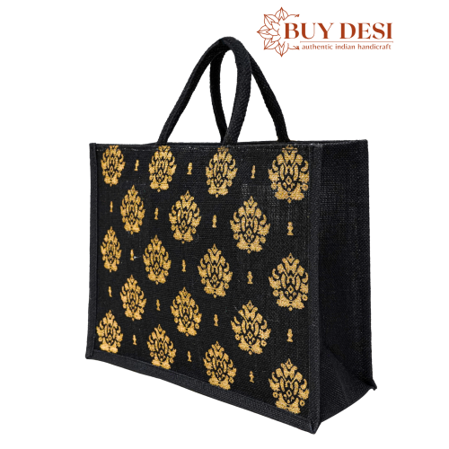 Eco Friendly Black Jute Tote Bag With Golden Print for Women