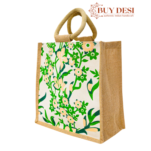 Eco-Friendly beautiful Jute Bag with Green Flowers Print