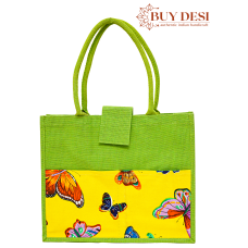 Beautiful Eco Friendly Reusable Green and Yellow Jute Bag With Pockets And Butterfly Print