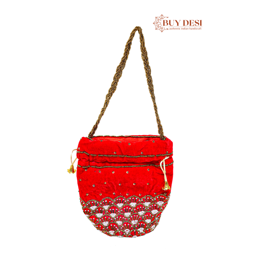 Embroidered Wedding Wrist Potli Bag With Pearl Beads Work in Red Color