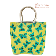 Beautiful Eco Friendly Reusable Green Jute Tote Bag With Butterfly Print