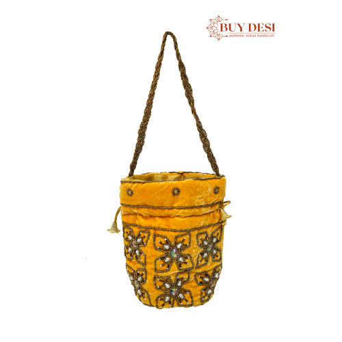 Embroidered Wedding Wrist Potli Bag With Velvet Beads Work in Yellow Color