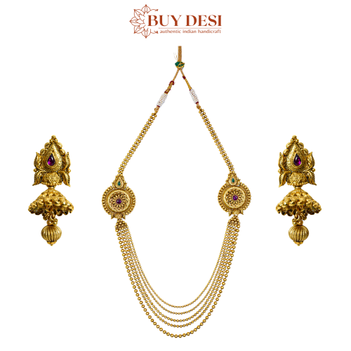 Designer Multi Layered Gold Plated Rani Haar Necklace Jewellery with Earrings Set