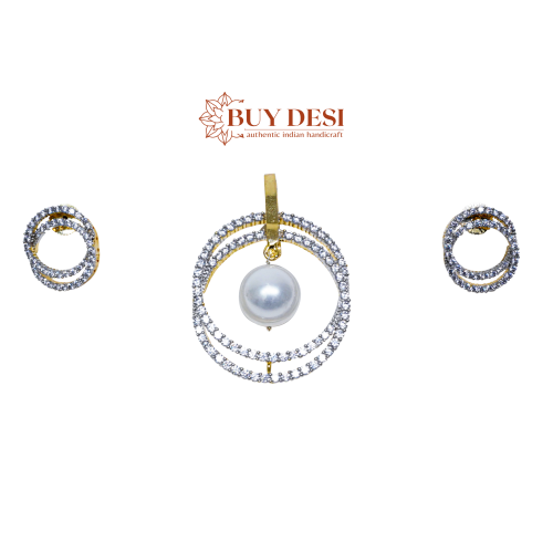 Gold Plated Concentric Circle Pearl Embedded Sparkle White Pendant Necklace with Earrings Set