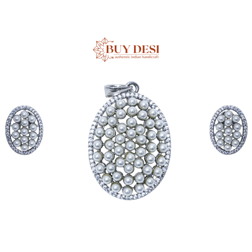 Silver Oval Shaped Pearl Pendant Necklace with Earrings Set for Women