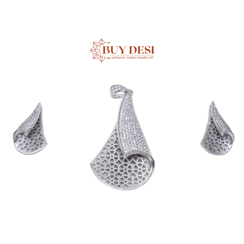 Sterling Silver Conical Single Fold Pendant Necklace Earring Set for Women