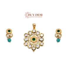 Latest Multi Layered Gold Coloured White Crystal Floral Pendant with Earrings