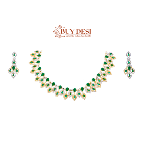 Glorious Cubic Zirconia Necklace Set in Green Golden Fusion with Earrings Set for Women